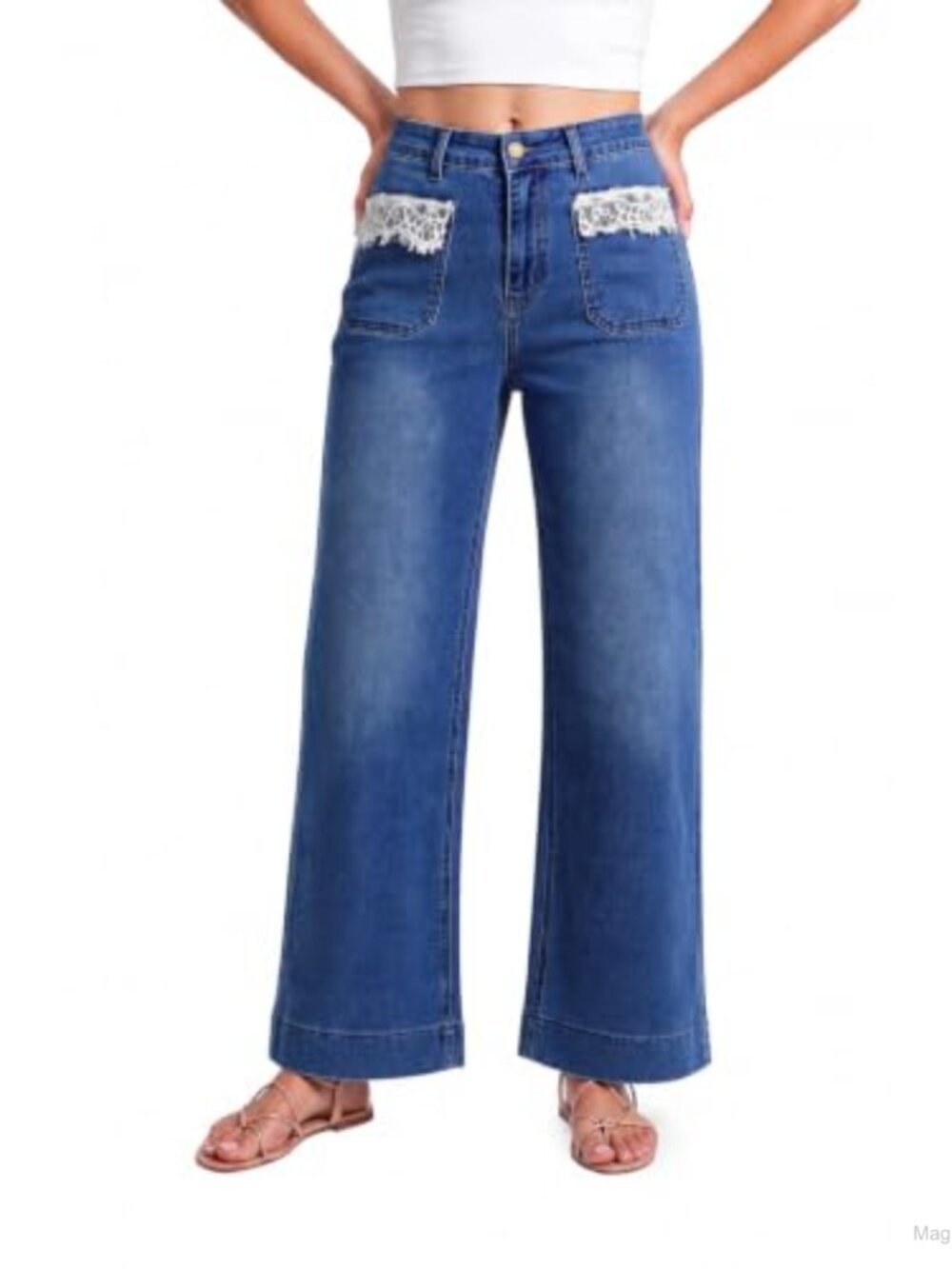 High Waisted Wide Leg Lace Pocket Stretch Denim Jeans Women Petite Baggy